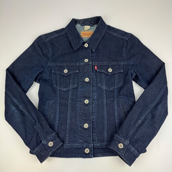 Levis Womens Size S Jean Jacket Blue Denim Button Dark Wash Stretch - Picture 1 of 6